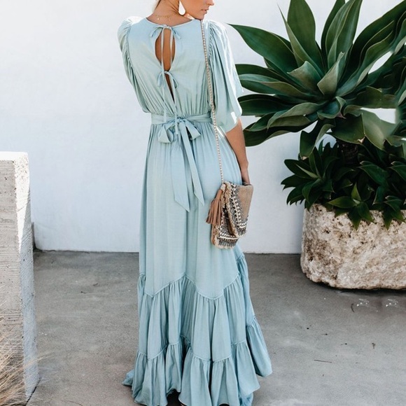 Light Blue Maxi Dress with V-Neck and Tiered Skirt - Picture 2 of 7